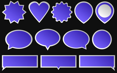 Set of blue stickers isolated on dark background. Various shapes