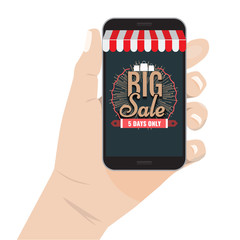 Online shopping sale concept hand holding smartphone vector illustration