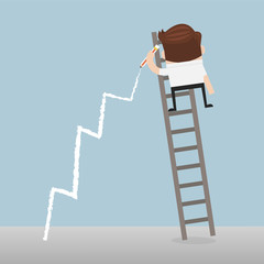 Business man standing on ladder drawing growth chart on wall.