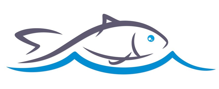 Logo of fish with blue wave.