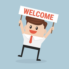 Businessman holding welcome sign, vector