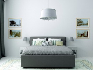 Render of classic bedroom in white and gray colors in Scandinavian style with white hardwood floor gray chandelier classic carpet and modern decor
