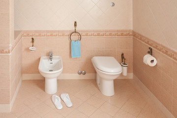 Fototapeta premium Slippers Near Bidet In Home Bathroom
