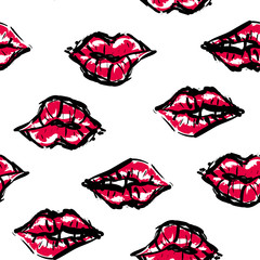 Vector fashion sketch. Hand drawn graphic kiss, red lip, lip, eye. Contrasty glamour fashion seamless pattern. Isolated elements on white background