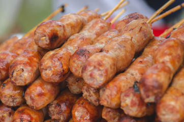 North East of Thailand fermented sausage, street food, selective focus