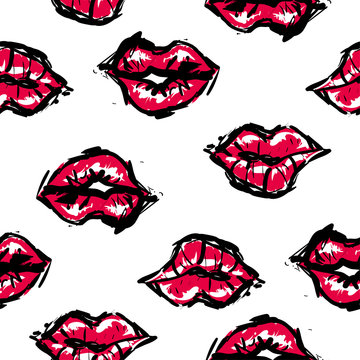 Vector fashion sketch. Hand drawn graphic kiss, red lip, lip, eye. Contrasty glamour fashion seamless pattern. Isolated elements on white background