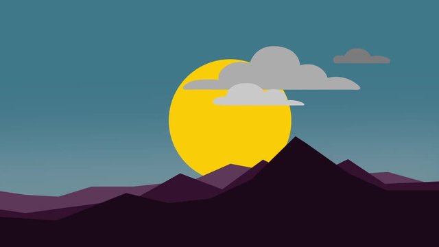 Abstract sunrise with mountain flat animation with clouds