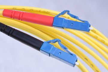 Closeup optic single mode type LC patch cord 