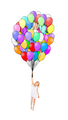Young girl in white dress flying with balloons