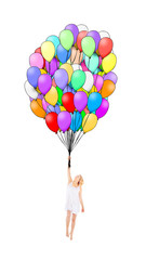 Young girl in white dress flying with baloons