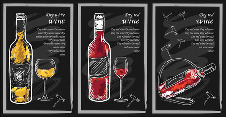 Drink menu elements on chalkboard. Restaurant blackboard for drawing. Hand drawn chalkboard drink menu vector illustration. wine list, drink menu board, glass of the white wine and red wine