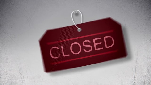 Abstract rectangle label with Closed word flat animation on grey scratched background.