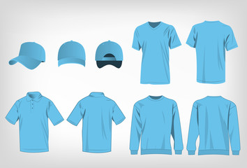 Sport baby blue t-shirt, sweater, polo shirt and baseball cap isolated set vector