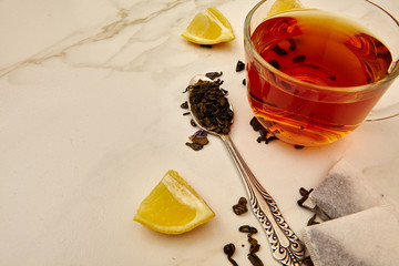 Cup of tea, tea, lemon, tea leaves