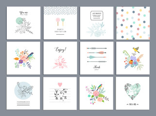 Set of romantic floral cards. Wedding, anniversary, birthday, Valentine's day