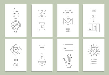 Set of vector trendy cards with geometric icons. Alchemy symbols