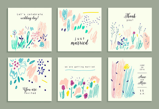 Set of creative gentle cards. Hand Drawn textures. 