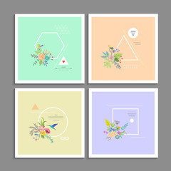 Collection of trendy creative cards. Stylish decor with flowers