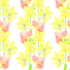 Spring bouquet seamless pattern, tulips and daffodil