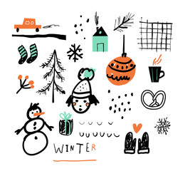 Hand drawn vector illustration set of winter doodles elements. 