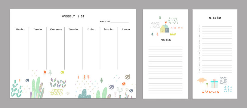 Weekly Planner Template. Organizer and Schedule with Notes and To Do list