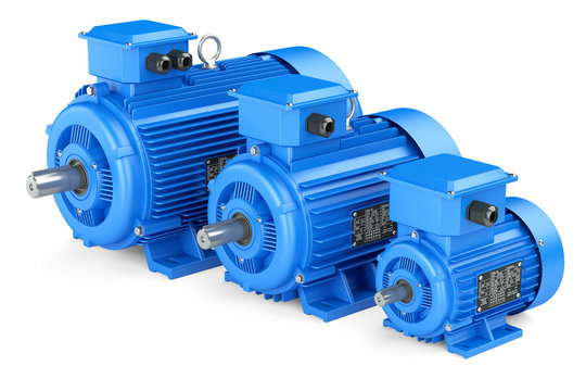 Group of blue electric industrial motors. Isolated on white back