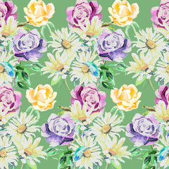 Watercolor summer flowers seamless pattern