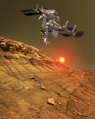 Mars planet satellite station orbit base martian colony space landscape. Elements of this image...