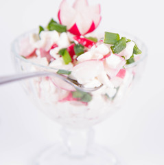 Fototapeta na wymiar Cottage cheese with radish and chives in a cup eaten with a fork