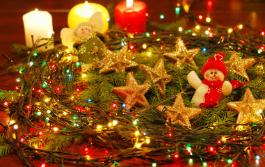New Year's decorations on the background of fir branches