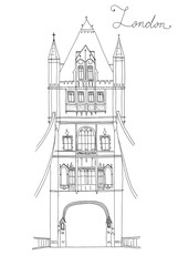 Hand drawn sketch of Tower Bridge, London, UK with letering isolated