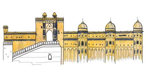 Fototapeta premium Watercolor Hand drawn sketch of Amber Fort, Jaipur, India landmark