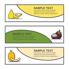 Fruits label design with 3 different composition for pear, mangosteen and melon produce. 
