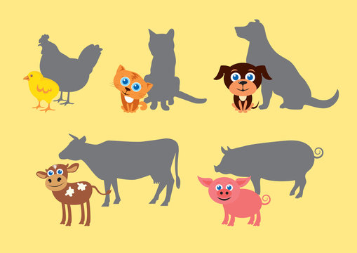 Vector icons of young animals. Set of cute animals from the farm. Silhouettes of domestic animals