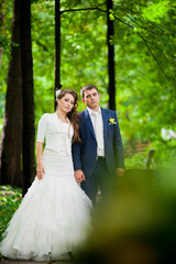 Lovely wedding couple in the city