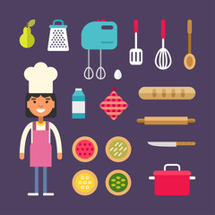 Kitchen Appliances and Food. Female Cartoon Character Chief. Cooking Concept. Set of Vector Icons and Illustrations in Flat Style