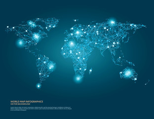Vector world map illustration with glowing points and lines.