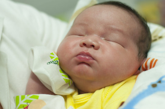 Infant newborn offspring baby sleep on mother hands