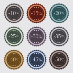 Badges vintage et rétro pour promotion et soldes de -10% à -50%
