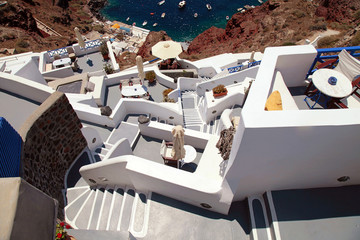 grey and white staircases in volcanic village Oia, Santorini