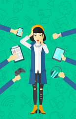 Desperate woman with gadgets.