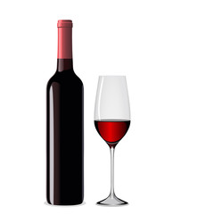 Красное вино, бутылка вина и бокал вина реалистичный вектор изолированный