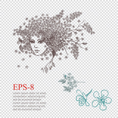 Hackberry Girl. Female portrait with floral hairstyle for your design, vector illustration