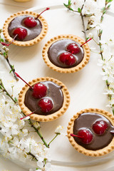 Mini tarts with chocolate and cherries decorated cherry blossom on white wooden background. Selective focus