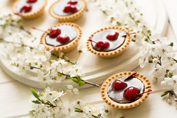 Mini tarts with chocolate and cherries decorated cherry blossom on white wooden background. Selective focus