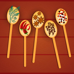 Spoon Collection With Different Spices Herbs Over Wooden Texture Background