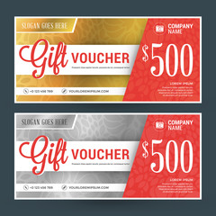 Golden and Silver Gift Voucher. Vector Design Print Template. Gift Certificate. Coupon, Ticket Template. Vector Illustration
