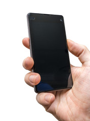 Hand holds smartphone in hand. Isolated on white background.