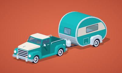 Turquoise retro pickup with motor home against the red background. 3D lowpoly isometric vector illustration