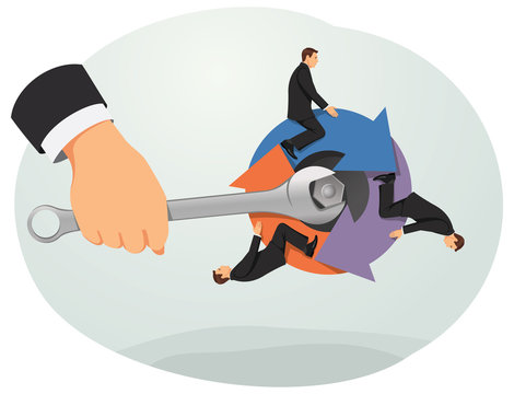 Hand of a big boss with a wrench is turning managers on the arrows. Candidates selection. Business rotation.